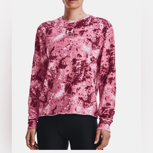 NWT Under Amour Women's Rival Terry Printed Crew T-Shirt in Pace Pink/White Sz L - Picture 11 of 12